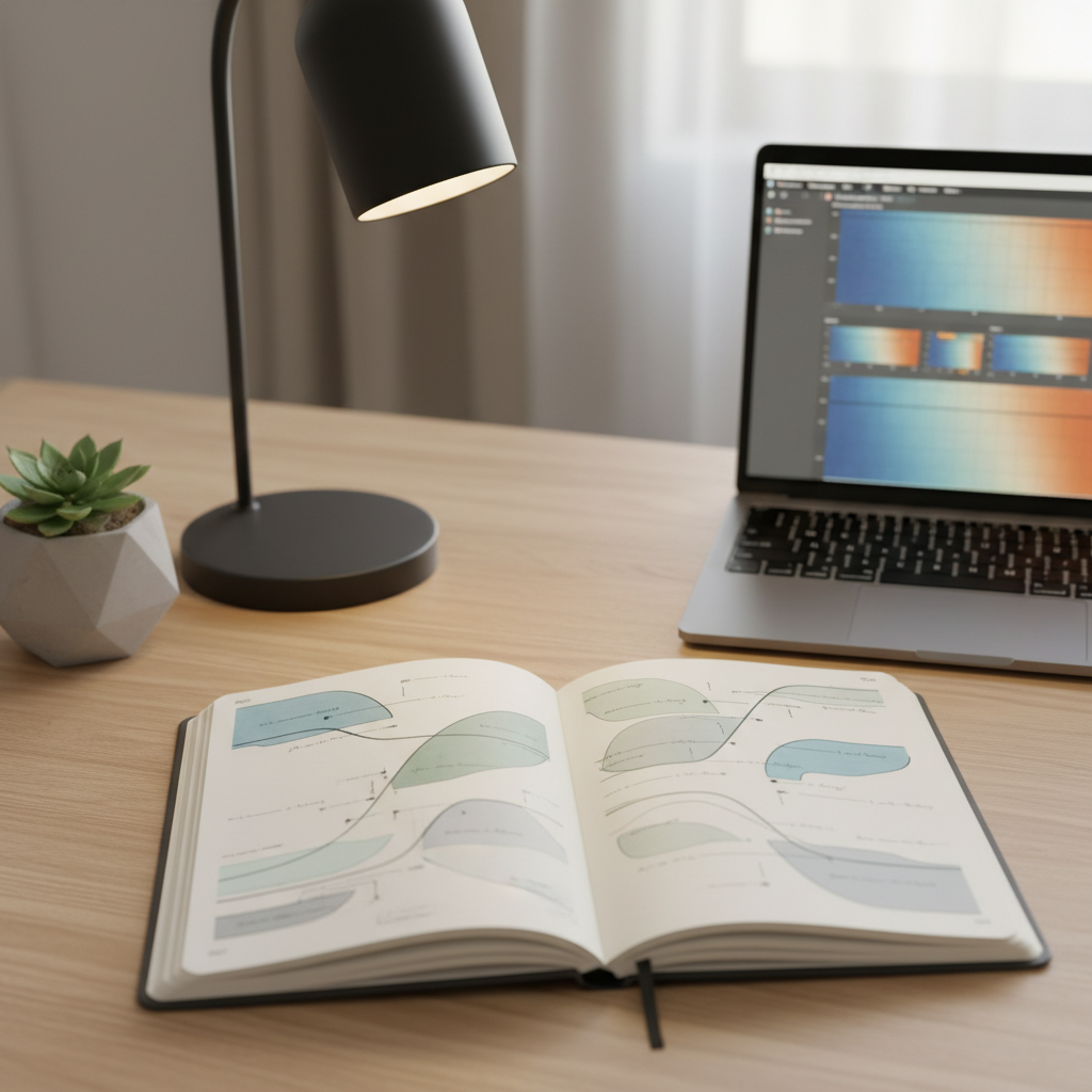 A tidy, modern investment research desk featuring an open hardcover notebook filled with neatly hand-drawn, text-free diagrams and broad market cycles represented as abstract curves and shaded zones. Beside it, a slim laptop shows a muted, non-specific heatmap of asset performance, with no recognizable tickers or explicit recommendations. A small, matte-black desk lamp casts warm, focused light across the pages, while soft daylight streams in from an unseen window, balancing the scene. The surface is a light oak wood, accented by a single understated succulent in a concrete pot. Photographic realism, shot from a slightly elevated angle, with a balanced composition that feels thoughtful, organized, and aligned with a long-term investing philosophy rather than short-term speculation.