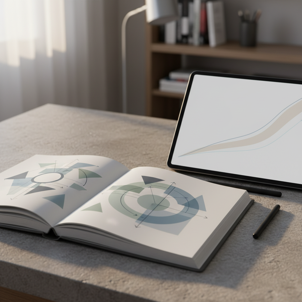 A close-up of a sophisticated, charcoal-gray journal lying open on a stone-textured desk, showcasing a carefully structured investment thesis visually represented through geometric shapes, arrows, and shaded areas instead of legible text. Nearby, a modern tablet displays a broad market index chart with smoothed lines and neutral colors, deliberately avoiding dramatic spikes or predictive callouts. Soft morning sunlight filters across the surface, catching the gentle grain of the desk and the matte finish of the devices. The scene has a calm, methodical atmosphere, captured in photographic realism with a shallow depth of field, focusing attention on the interplay between analog notes and digital analysis, symbolizing a disciplined, research-driven approach to investing.